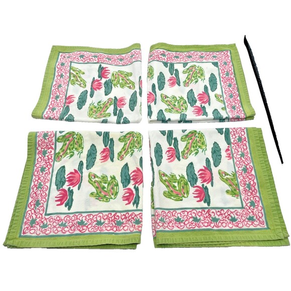 Pomegranate Cotton Napkins Set of 4 Pink & Green Frogs Lily Pads Whimsical - Picture 7 of 11